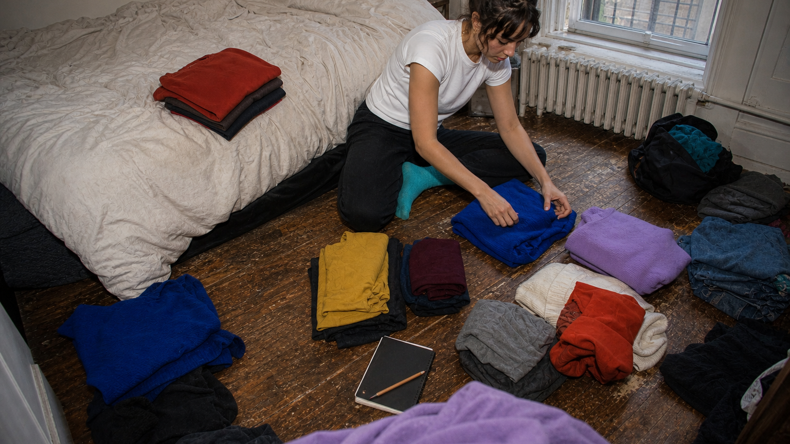 A person sorting a colourful wardrobe beside a bed